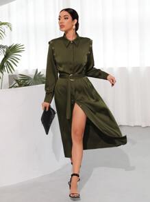 SHEIN BIZwear 金屬氣眼細節下擺開叉腰帶襯衫連衣裙 - 軍綠色 - 查看 5