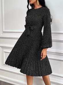 SHEIN Clasi 波點圖案燈籠袖百褶下擺洋裝 - 黑色 - 查看 4