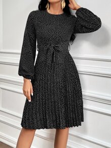 SHEIN Clasi 波點圖案燈籠袖百褶下擺洋裝 - 黑色 - 查看 5