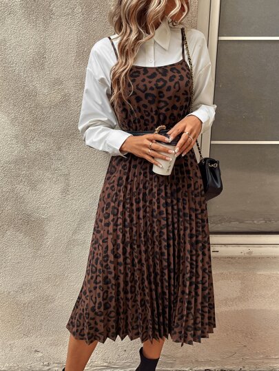 EMERY ROSE 豹纹褶皱下摆吊带连衣裙（不含衬衫）长款女装