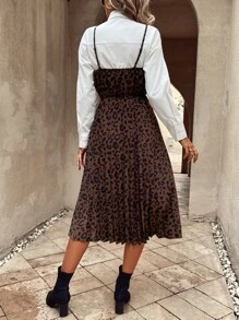 EMERY ROSE 豹紋印花百褶下擺吊帶連衣裙不帶襯衫 - 咖啡棕 - 查看 2