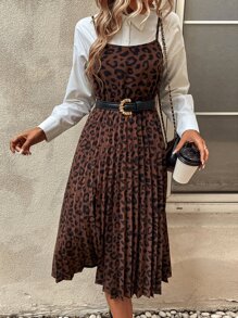 EMERY ROSE 豹紋印花百褶下擺吊帶連衣裙不帶襯衫 - 咖啡棕 - 查看 3