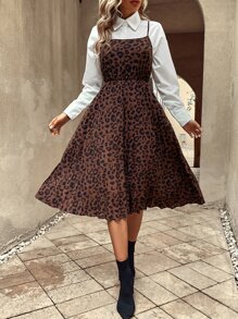 EMERY ROSE 豹紋印花百褶下擺吊帶連衣裙不帶襯衫 - 咖啡棕 - 查看 4