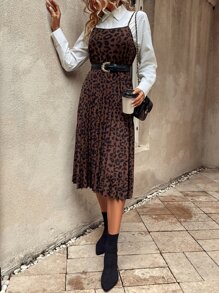 EMERY ROSE 豹紋印花百褶下擺吊帶連衣裙不帶襯衫 - 咖啡棕 - 查看 5