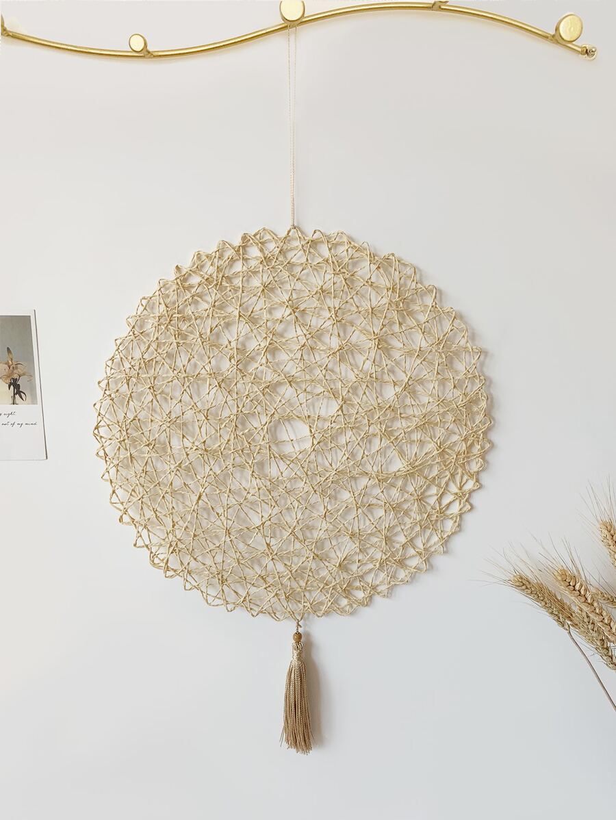 1pc Modern Minimalist Round Woven Paper Rope Hanging Ornament, Handmade Hollow Decorative Pendant With Tassel - Beige - View 1
