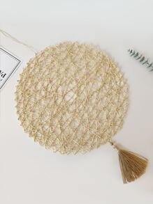 1pc Modern Minimalist Round Woven Paper Rope Hanging Ornament, Handmade Hollow Decorative Pendant With Tassel - Beige - View 4