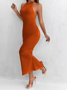 SHEIN PETITE Đầm Tách cao Lộ Lưng xoắn lại màu trơn Gợi cảm - Màu Cam cháy - Xem 2
