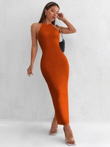 SHEIN PETITE Đầm Tách cao Lộ Lưng xoắn lại màu trơn Gợi cảm - Màu Cam cháy - Xem 4