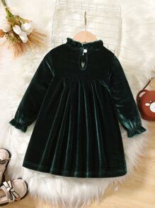 Baby Frilled Neck Flounce Sleeve Dress - Dark Green - View 2