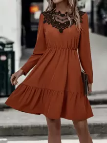 SHEIN LUNE Vestido con encaje bajo con fruncido - Naranja Quemada - Ver 1