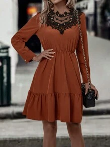 SHEIN LUNE Vestido con encaje bajo con fruncido - Naranja Quemada - Ver 3