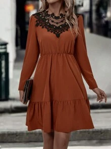 SHEIN LUNE Vestido con encaje bajo con fruncido - Naranja Quemada - Ver 6