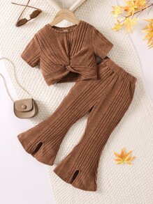 Toddler Girls Twist Front Tee & Split Flare Leg Trousers - Coffee Brown - View 1