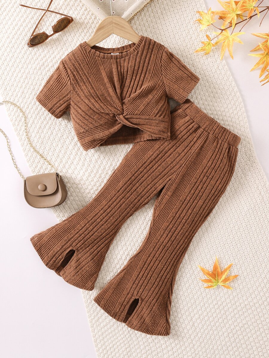 Toddler Girls Twist Front Tee & Split Flare Leg Trousers - Coffee Brown - View 1