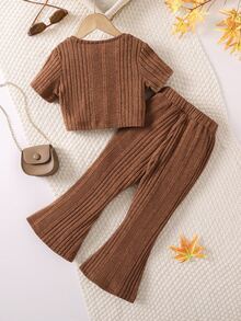 Toddler Girls Twist Front Tee & Split Flare Leg Trousers - Coffee Brown - View 2