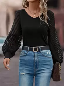 SHEIN Clasi Contrast Mesh Lantern Sleeve Top - Black - View 1