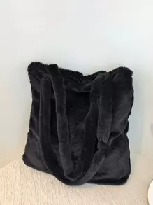 柔软毛绒单肩包百搭收纳包适合办公室学校时尚手提包毛绒、柔软、毛绒、大容量简约蓬松单肩托特包适合女孩、女士、大学生、新秀和白领人士适合工作、办公室、通勤、秋冬季、温暖冬季、户外、新款女士毛皮包 - 黑色 - 查看 1