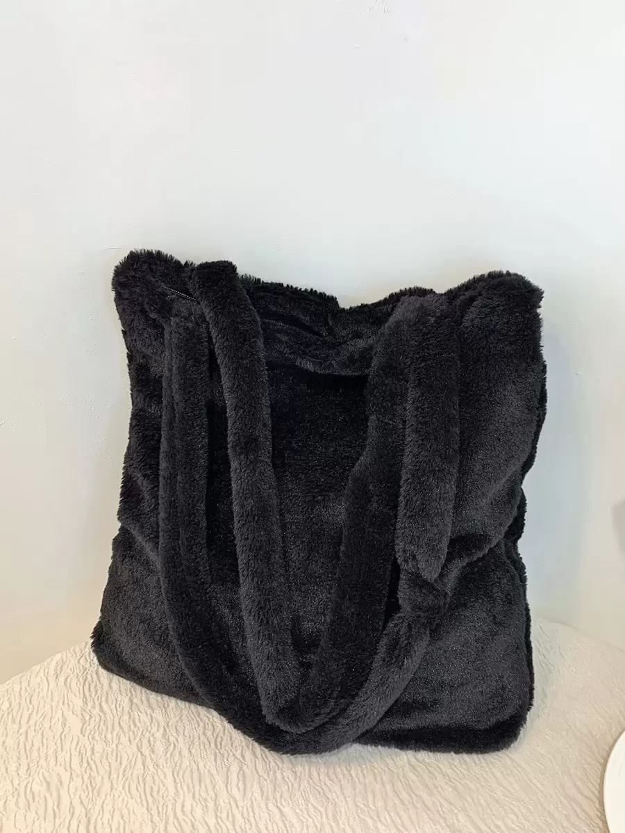 柔软毛绒单肩包百搭收纳包适合办公室学校时尚手提包毛绒、柔软、毛绒、大容量简约蓬松单肩托特包适合女孩、女士、大学生、新秀和白领人士适合工作、办公室、通勤、秋冬季、温暖冬季、户外、新款女士毛皮包 - 黑色 - 查看 1