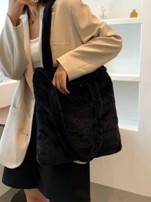 柔软毛绒单肩包百搭收纳包适合办公室学校时尚手提包毛绒、柔软、毛绒、大容量简约蓬松单肩托特包适合女孩、女士、大学生、新秀和白领人士适合工作、办公室、通勤、秋冬季、温暖冬季、户外、新款女士毛皮包 - 黑色 - 查看 2