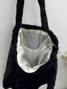 柔软毛绒单肩包百搭收纳包适合办公室学校时尚手提包毛绒、柔软、毛绒、大容量简约蓬松单肩托特包适合女孩、女士、大学生、新秀和白领人士适合工作、办公室、通勤、秋冬季、温暖冬季、户外、新款女士毛皮包 - 黑色 - 查看 3