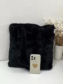 柔软毛绒单肩包百搭收纳包适合办公室学校时尚手提包毛绒、柔软、毛绒、大容量简约蓬松单肩托特包适合女孩、女士、大学生、新秀和白领人士适合工作、办公室、通勤、秋冬季、温暖冬季、户外、新款女士毛皮包 - 黑色 - 查看 4