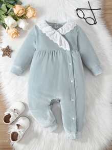 SHEIN Baby Girl Contrast Eyelet Embroidery Ruffle Trim Jumpsuit - Mint Blue - View 1