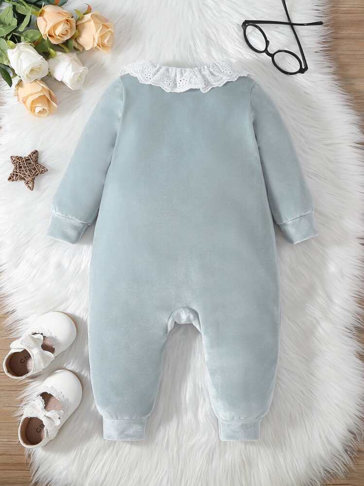 SHEIN 嬰兒女童對比空洞刺繡荷葉邊連身裝 - 薄荷藍 - 查看 2