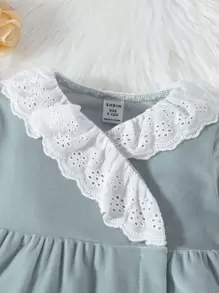 SHEIN Baby Girl Contrast Eyelet Embroidery Ruffle Trim Jumpsuit - Mint Blue - View 6