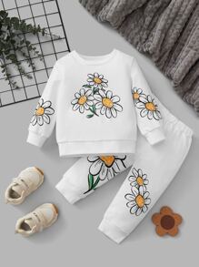 Baby Floral Print Pullover & Joggers - White - View 1