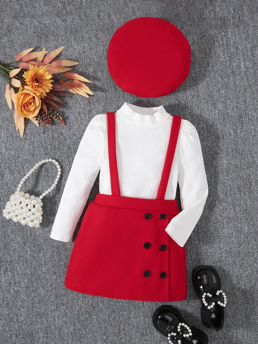 SHEIN Young Girl Mock Neck Tee & Button Front Suspender Skirt - Red and White - View 1
