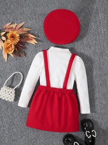 SHEIN Young Girl Mock Neck Tee & Button Front Suspender Skirt - Red and White - View 2