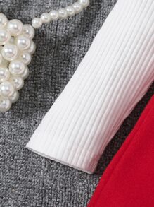 SHEIN Young Girl Mock Neck Tee & Button Front Suspender Skirt - Red and White - View 4