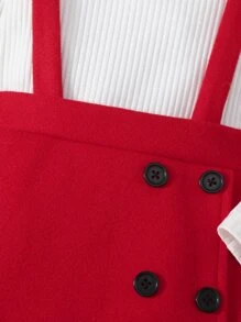 SHEIN Young Girl Mock Neck Tee & Button Front Suspender Skirt - Red and White - View 6