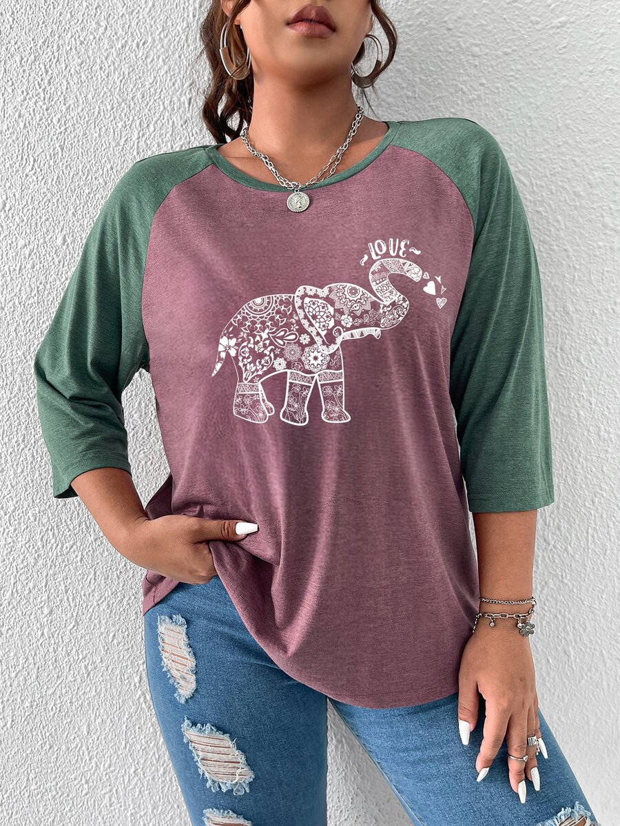 Calvaya Áo thun Plus size Thú vật Khối Màu Giải trí - Màu tím hoa cà - Xem 1