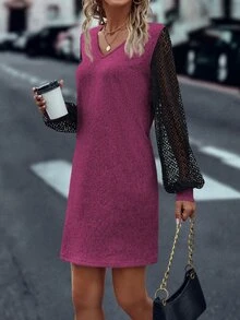 SHEIN Clasi Contrast Lace Lantern Sleeve Dress - Red Violet - View 3