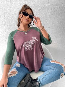 Calvaya Áo thun Plus size Thú vật Khối Màu Giải trí - Màu tím hoa cà - Xem 3