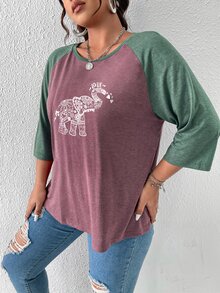 Calvaya Áo thun Plus size Thú vật Khối Màu Giải trí - Màu tím hoa cà - Xem 4