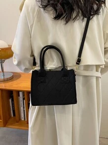 Conjunto De Bolso De Mano De Fieltro Mini Bolso Cruzado Sólido De Color Para Mujer Con Bolsillo Para Monedas, Bolso De Mano Ligero Para Mujer Cuadrado Con Detalles De Costura Para Adolescentes, Estudiantes Universitarias, Novatas Y Trabajadoras Perfecto Para La Oficina, Universidad, Trabajo, Negocio Y Viaje. - Negro - Ver 2