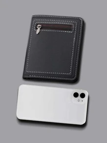 Cartera pequeña de hombre con detalle de puntada, billetera delgada con pliegue doble, cartera portátil para efectivo y tarjetas de crédito para trabajadores de cuello blanco, universidad, trabajo, negocio, conmutación, oficina, como regalo de aniversario, pareja o regalo del Día de San Valentín - Negro - Ver 3