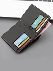 Cartera pequeña de hombre con detalle de puntada, billetera delgada con pliegue doble, cartera portátil para efectivo y tarjetas de crédito para trabajadores de cuello blanco, universidad, trabajo, negocio, conmutación, oficina, como regalo de aniversario, pareja o regalo del Día de San Valentín - Negro - Ver 6