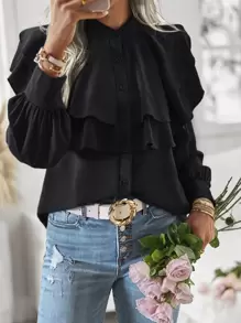 Chiquease Camisa ribete con fruncido con botón - Negro - Ver 1