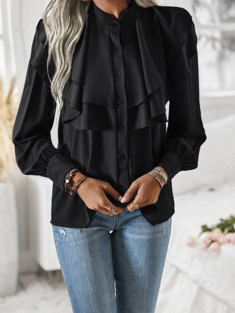 Chiquease Camisa ribete con fruncido con botón - Negro - Añade 4