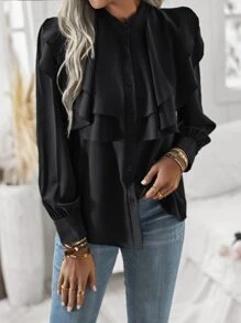 Chiquease Camisa ribete con fruncido con botón - Negro - Ver 5