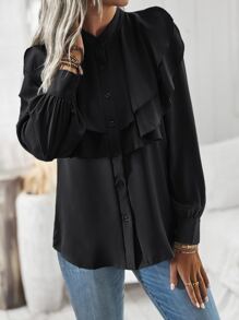 Chiquease Camisa ribete con fruncido con botón - Negro - Ver 6