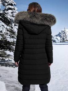 Fuzzy Hooded Padded Padded Coat For Winter Clothes - Black - View 2