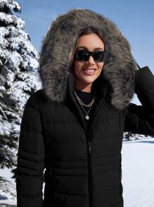 Fuzzy Hooded Padded Padded Coat For Winter Clothes - Black - View 4
