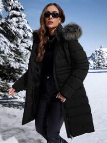 Fuzzy Hooded Padded Padded Coat For Winter Clothes - Black - View 5