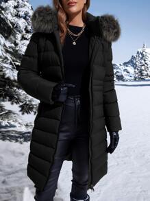 Fuzzy Hooded Padded Padded Coat For Winter Clothes - Black - View 6