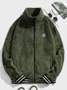 Manfinity Men Patched Detail Striped Trim Teddy Jacket - Army Green - View 1