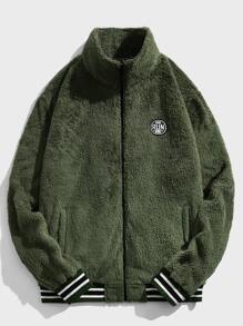 Manfinity Men Patched Detail Striped Trim Teddy Jacket - Army Green - View 3